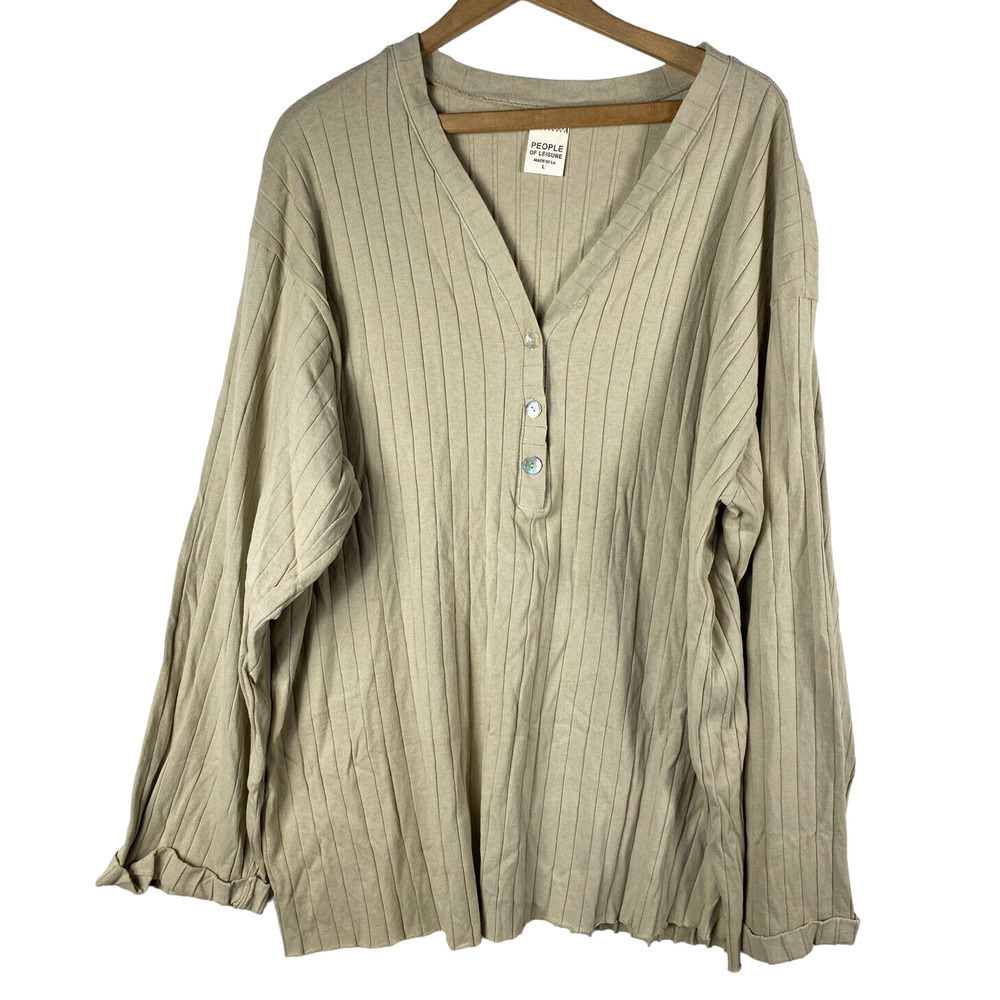 People of Leisure Knit Top Loose Flowy Lagenlook Beige Tan Shirt Organic Cotton